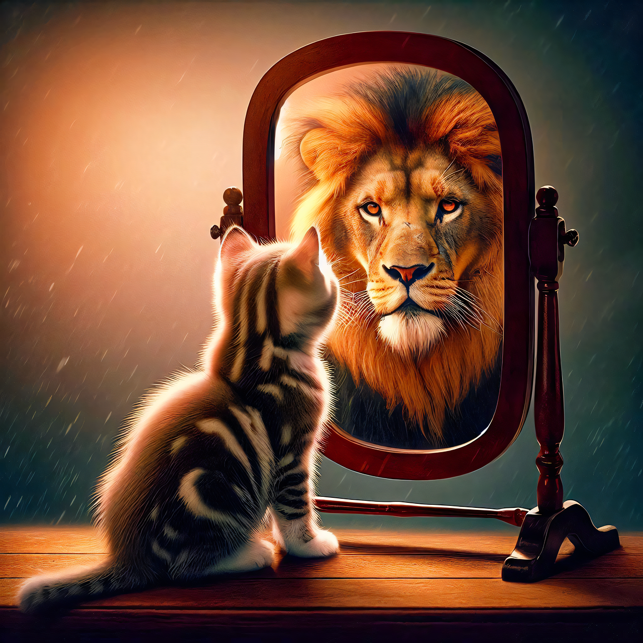 cat to lion in mirror